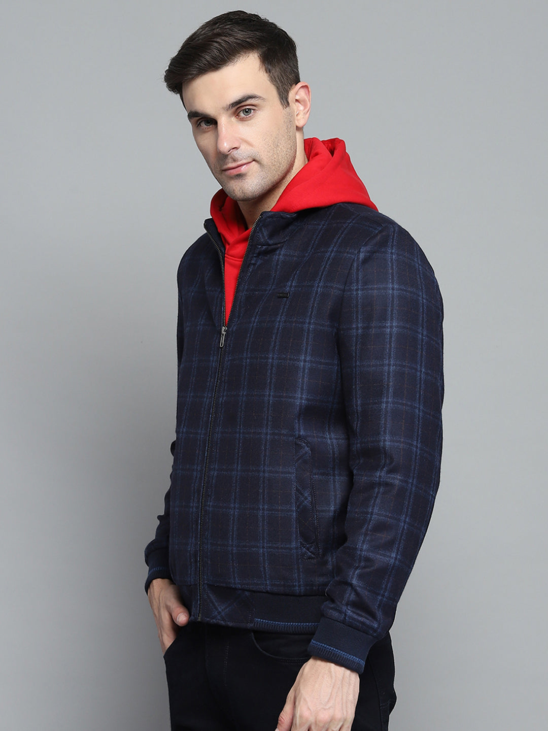 Men Navy Blue Check Mock Neck Full Sleeve Sweatshirt
