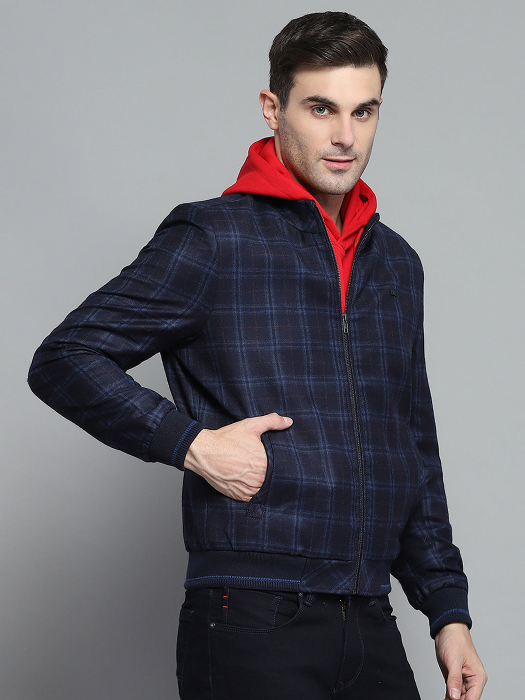 Men Navy Blue Check Mock Neck Full Sleeve Sweatshirt