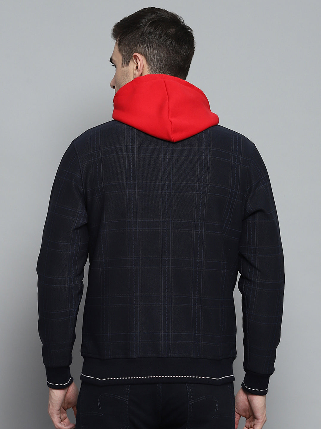 Men Navy Blue Check Mock Neck Full Sleeve Sweatshirt