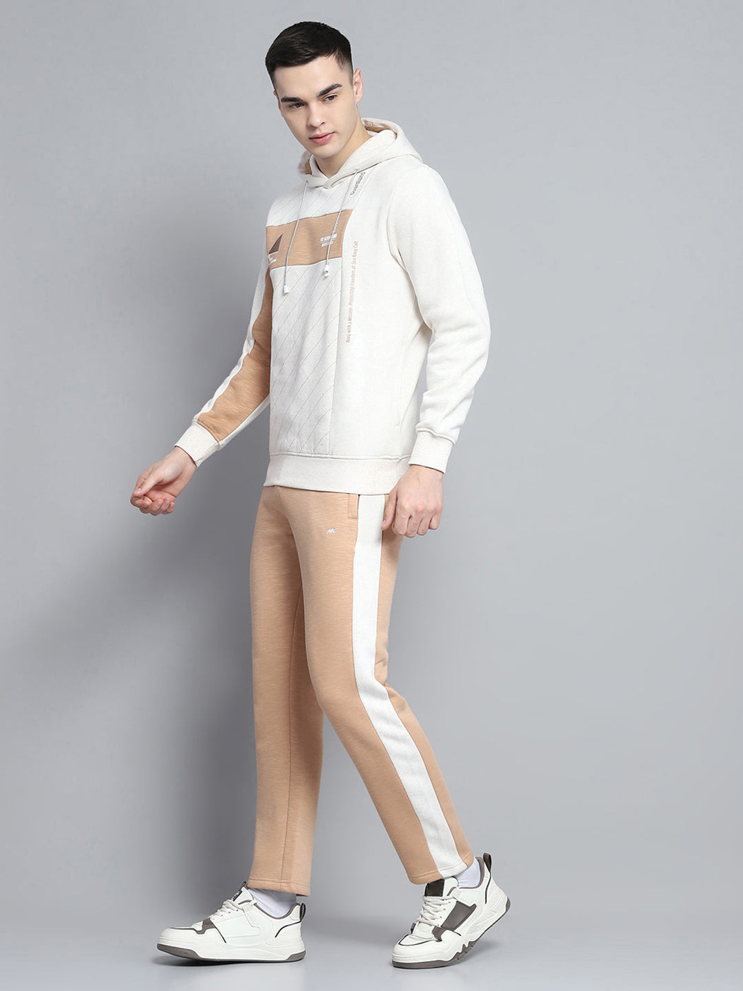 Men Beige Printed Hooded Full Sleeve Winter Tracksuit