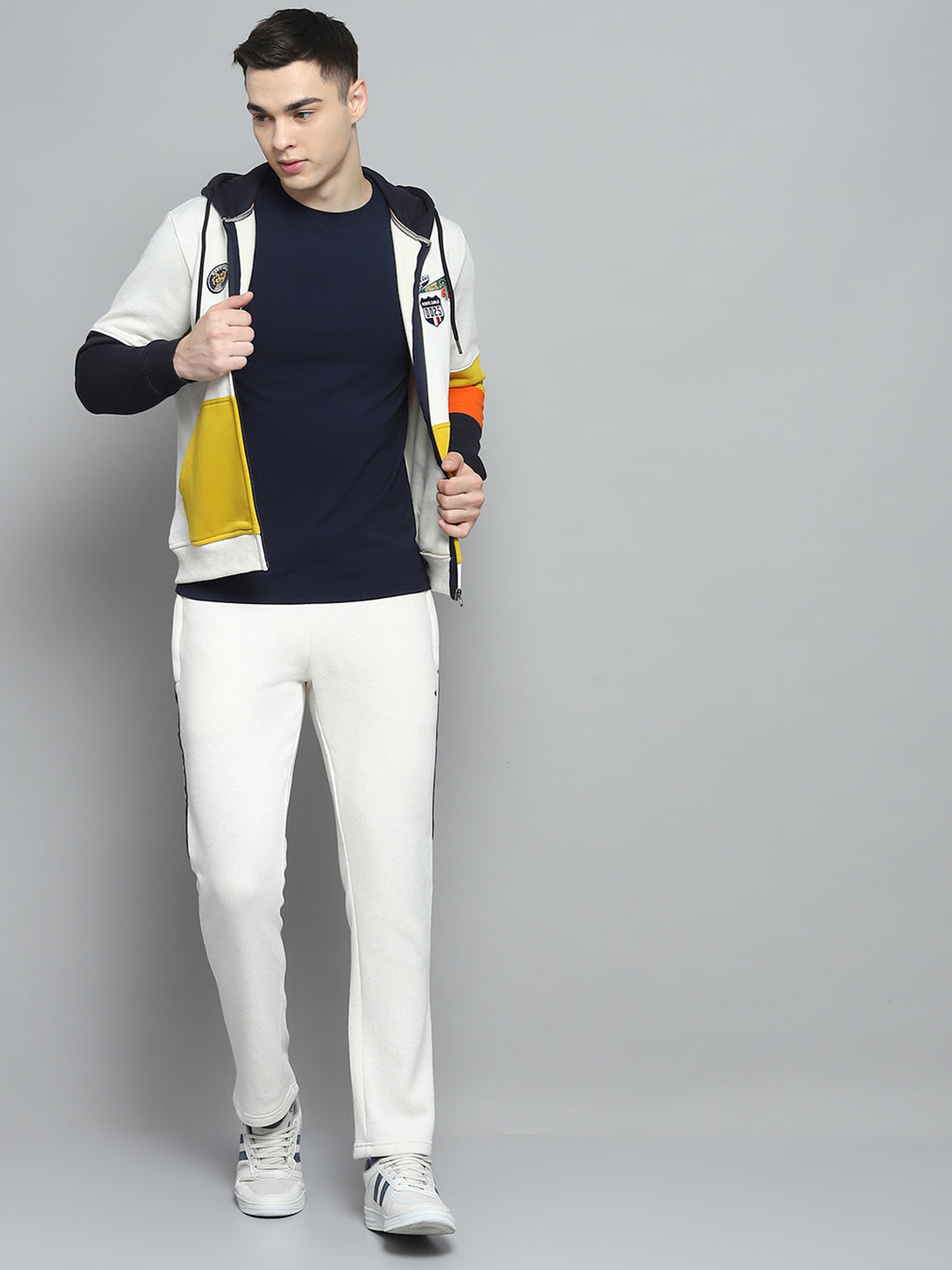 Men Off White & Navy Blue Printed Hooded Full Sleeve Winter Tracksuit