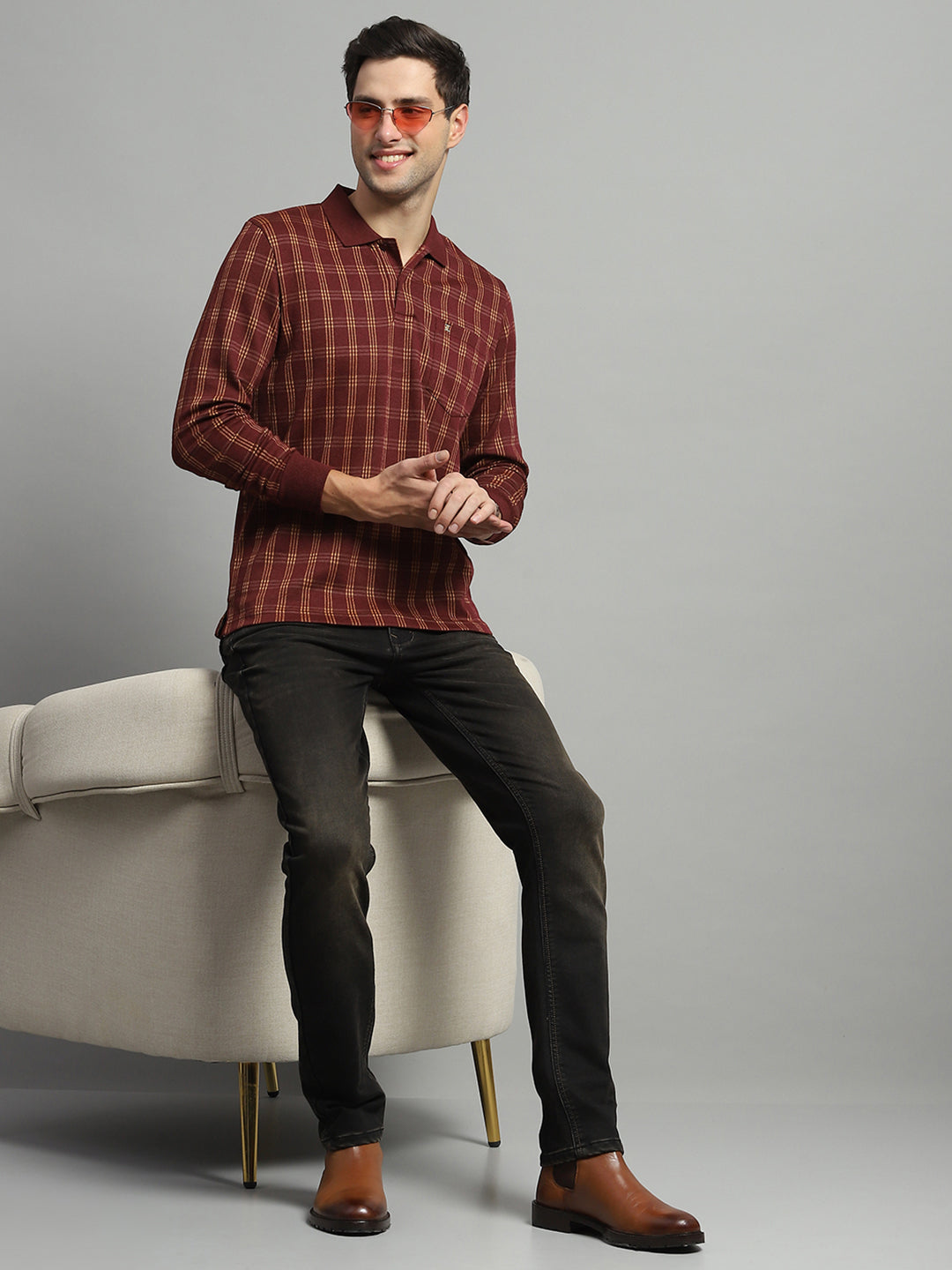 Luxuria Men Rust Check Collar Full Sleeve Winter T-Shirt