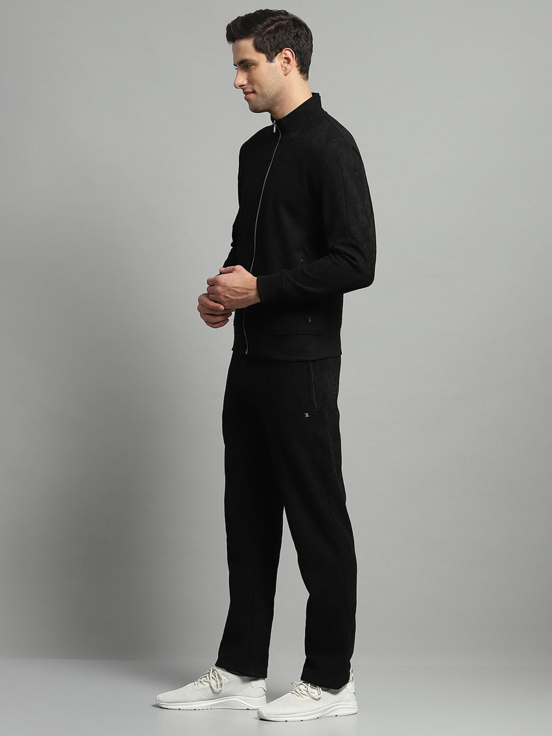 Luxuria Men Black Self Design Mock Neck Full Sleeve Winter Tracksuit