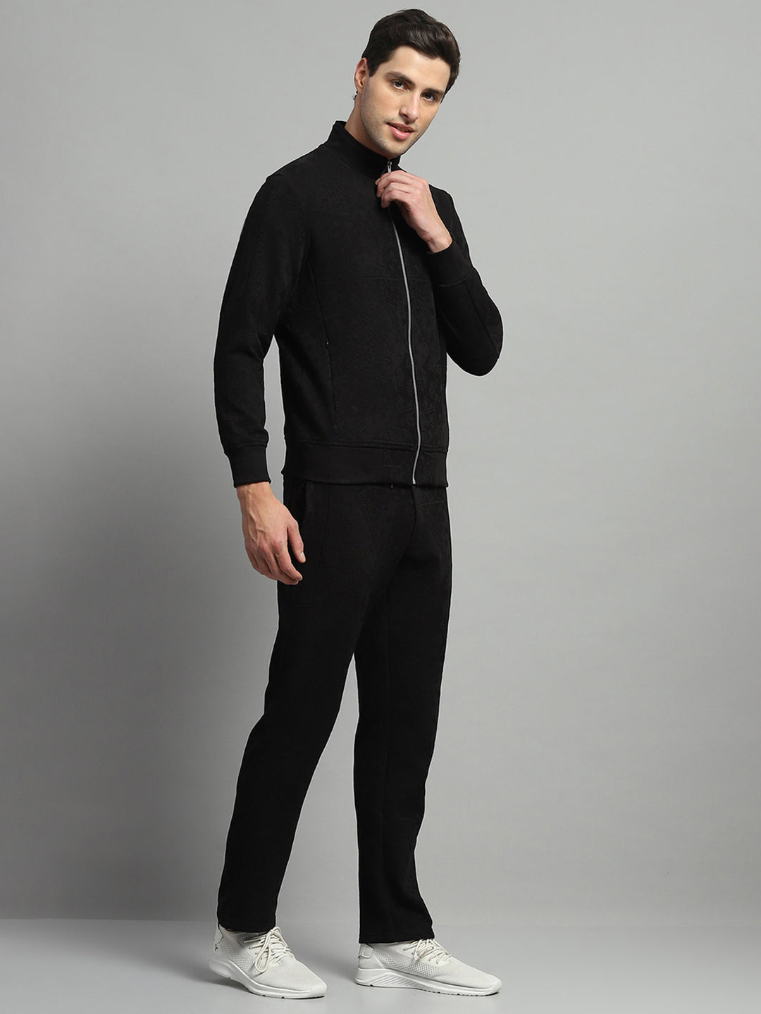 Luxuria Men Black Self Design Mock Neck Full Sleeve Winter Tracksuit