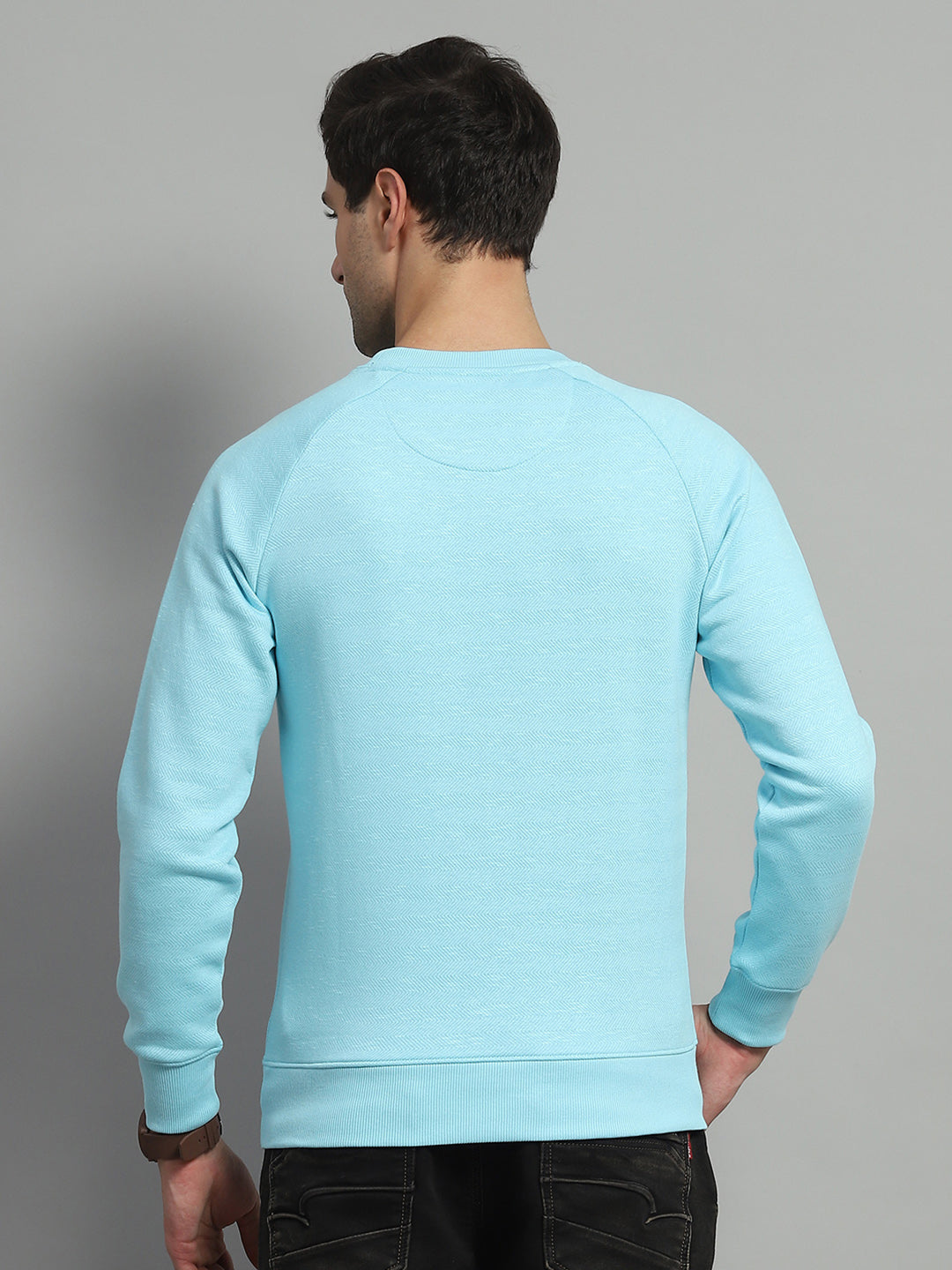Men Turquoise Blue Solid Round Neck Full Sleeve Sweatshirt
