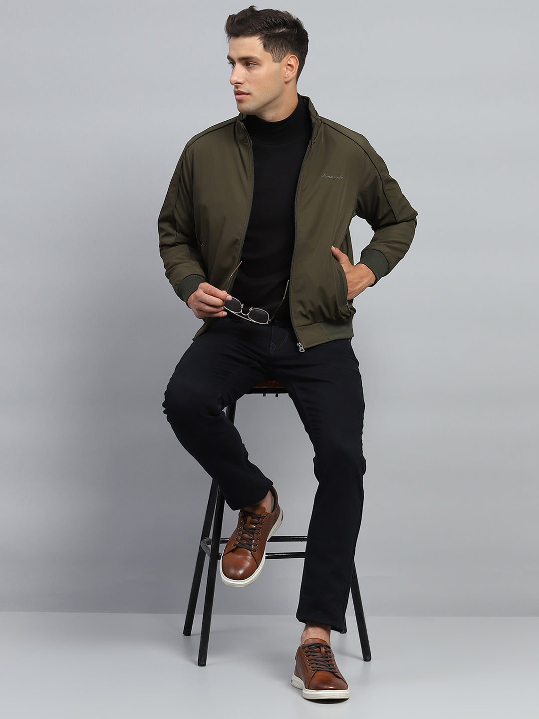 Men Olive Solid Mock Neck Full Sleeve Jacket