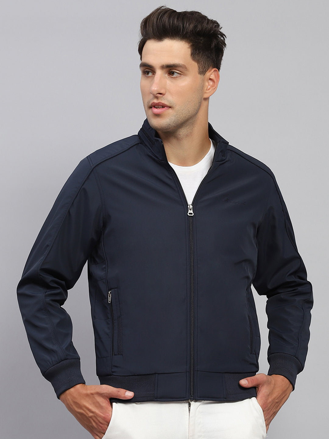 Men Navy Blue Solid Mock Neck Full Sleeve Jacket