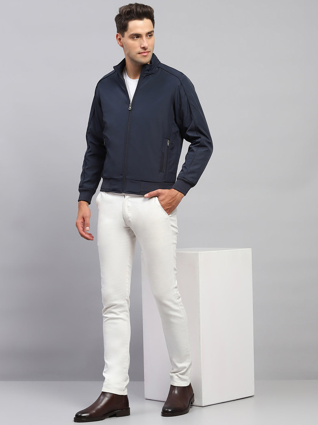 Men Navy Blue Solid Mock Neck Full Sleeve Jacket