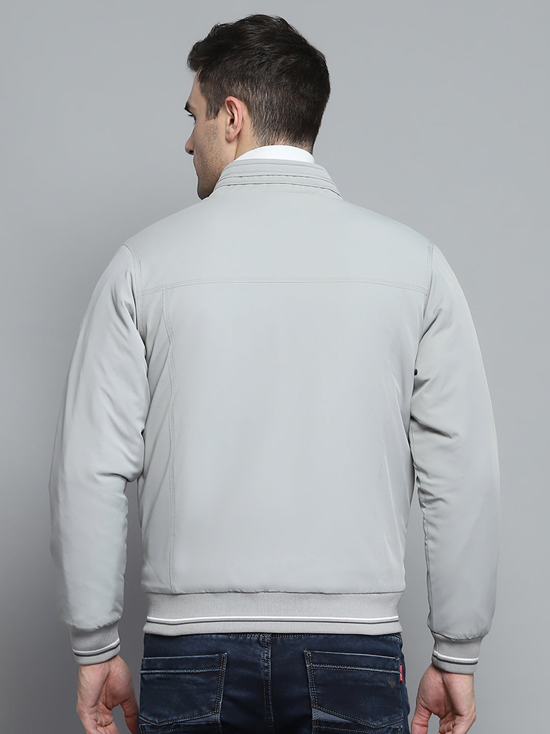 Men Grey Solid Mock Neck Full Sleeve Jacket