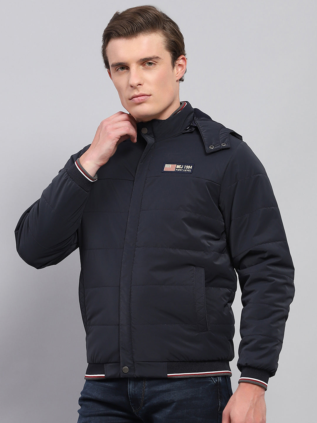Men Navy Blue Solid Detachable Hood Full Sleeve Jacket