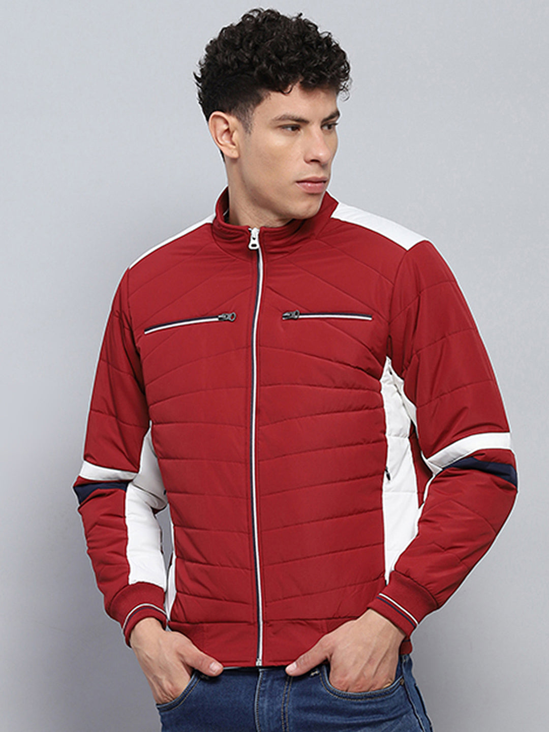 Men Red Solid Mock Neck Full Sleeve Jacket