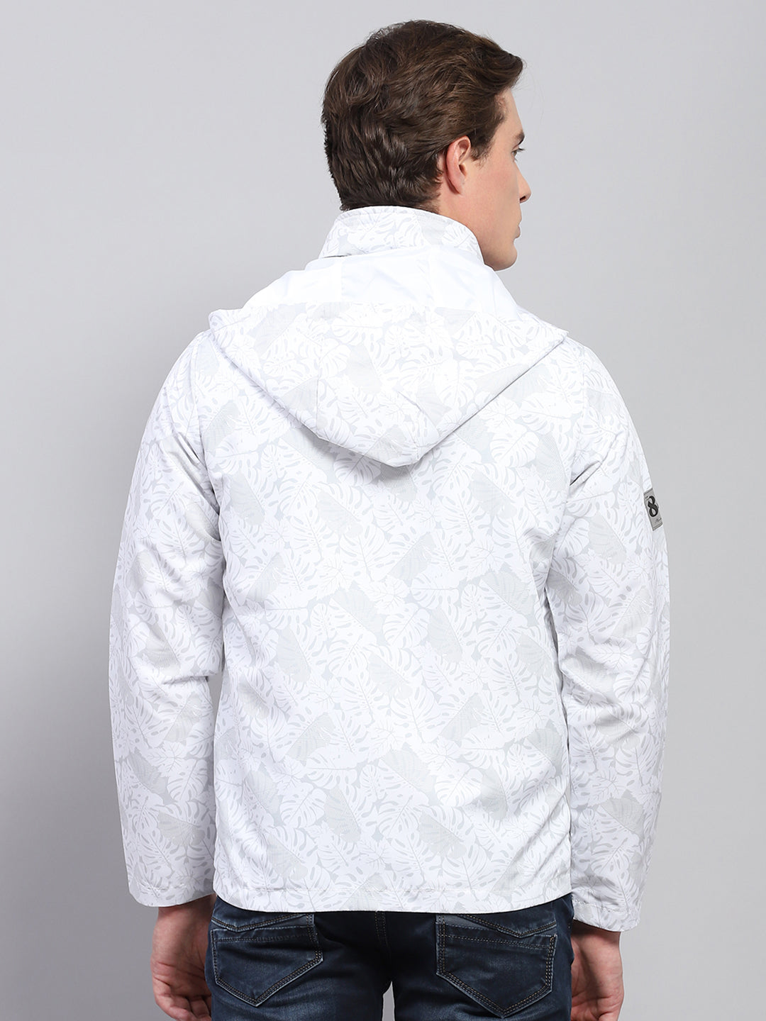 Men White Printed Detachable Hood Full Sleeve Jacket