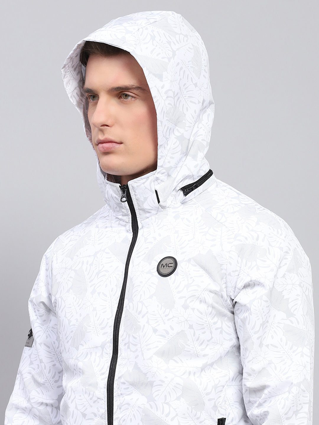 Men White Printed Detachable Hood Full Sleeve Jacket