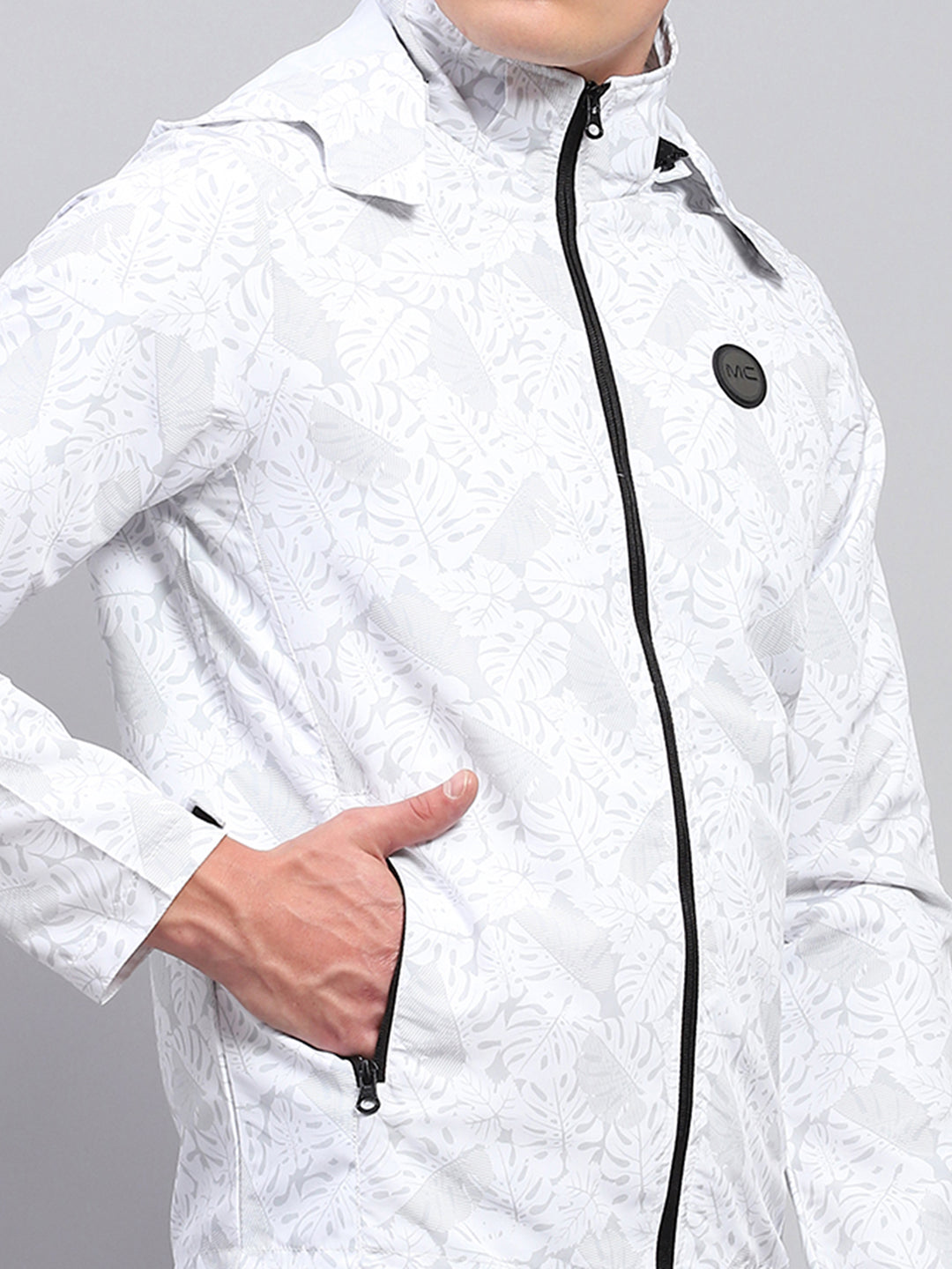 Men White Printed Detachable Hood Full Sleeve Jacket