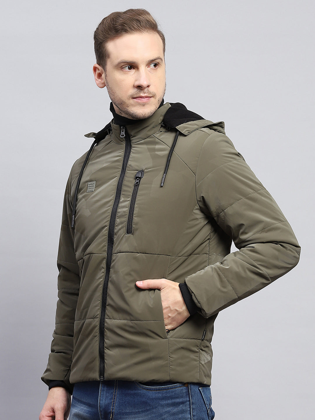 Men Olive Solid Detachable Hood Full Sleeve Jacket