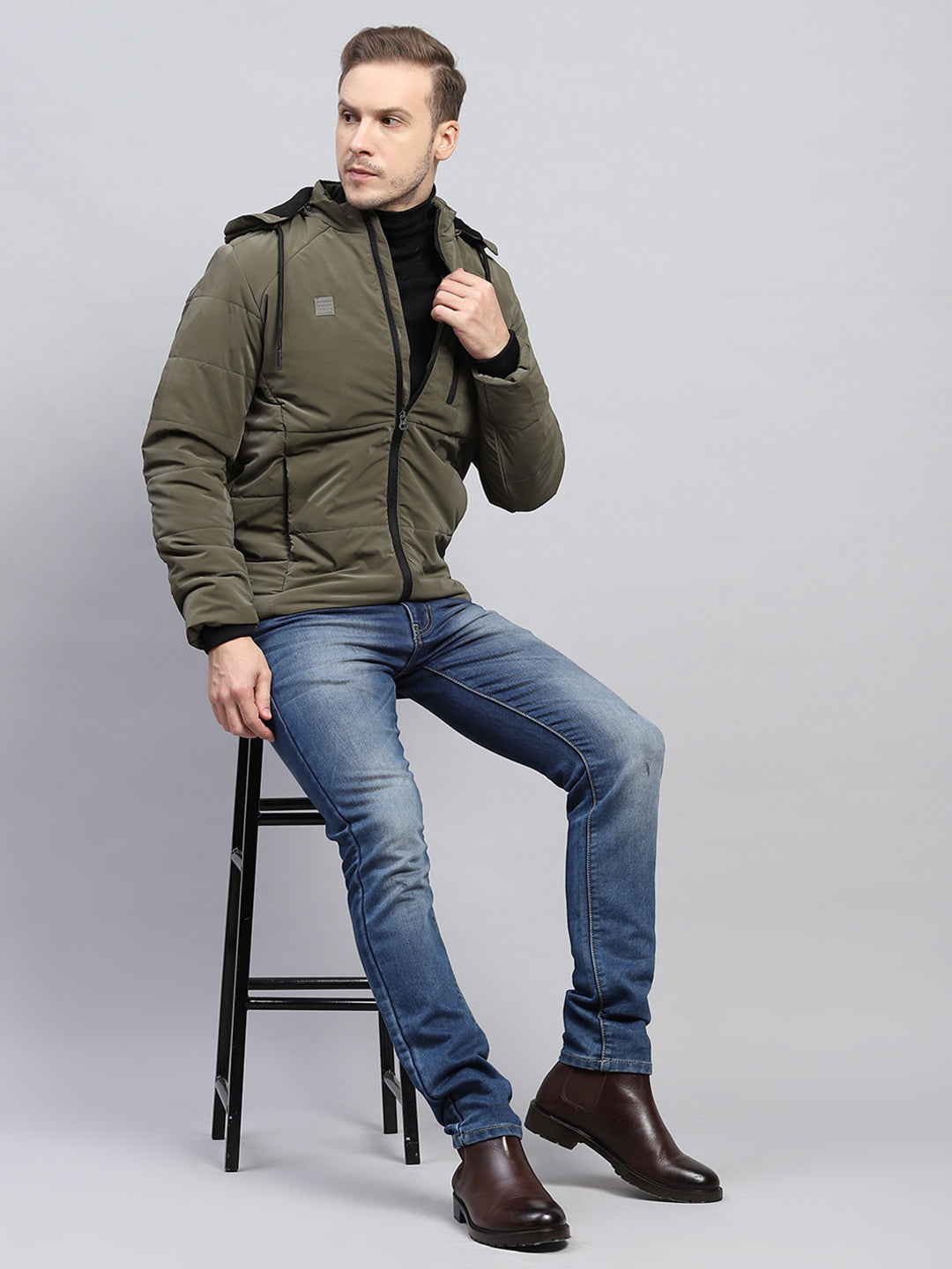 Men Olive Solid Detachable Hood Full Sleeve Jacket