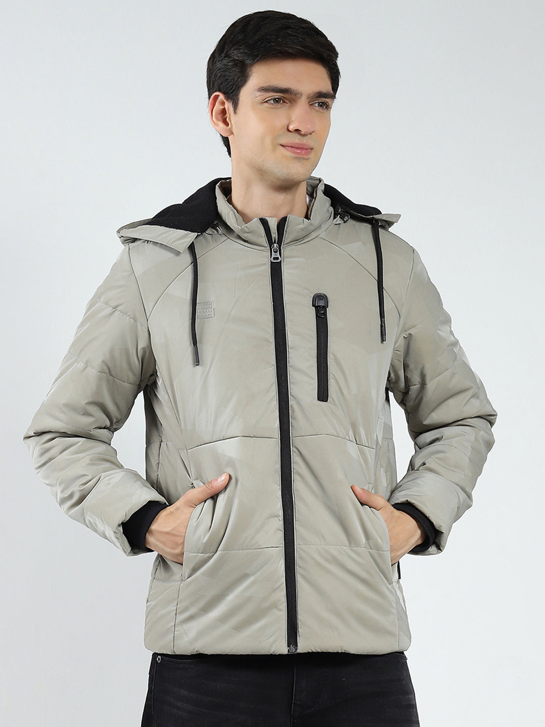 Men Grey Solid Detachable Hood Full Sleeve Jacket