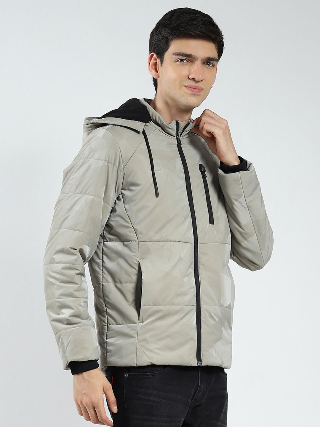 Men Grey Solid Detachable Hood Full Sleeve Jacket