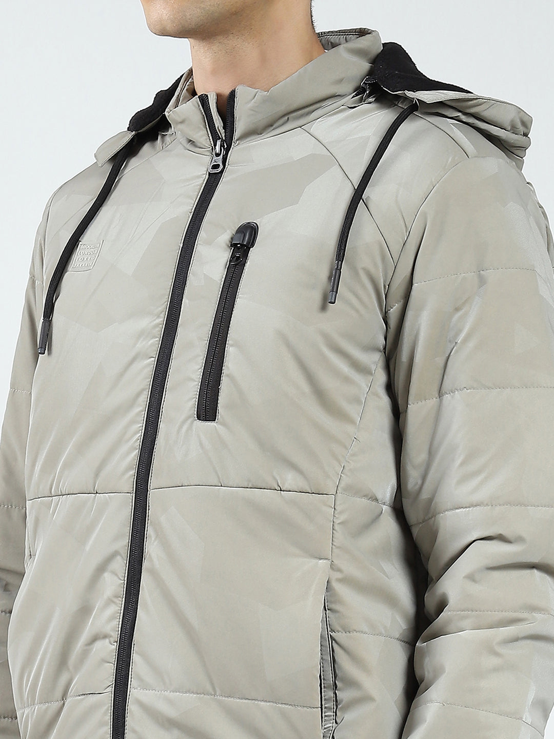 Men Grey Solid Detachable Hood Full Sleeve Jacket