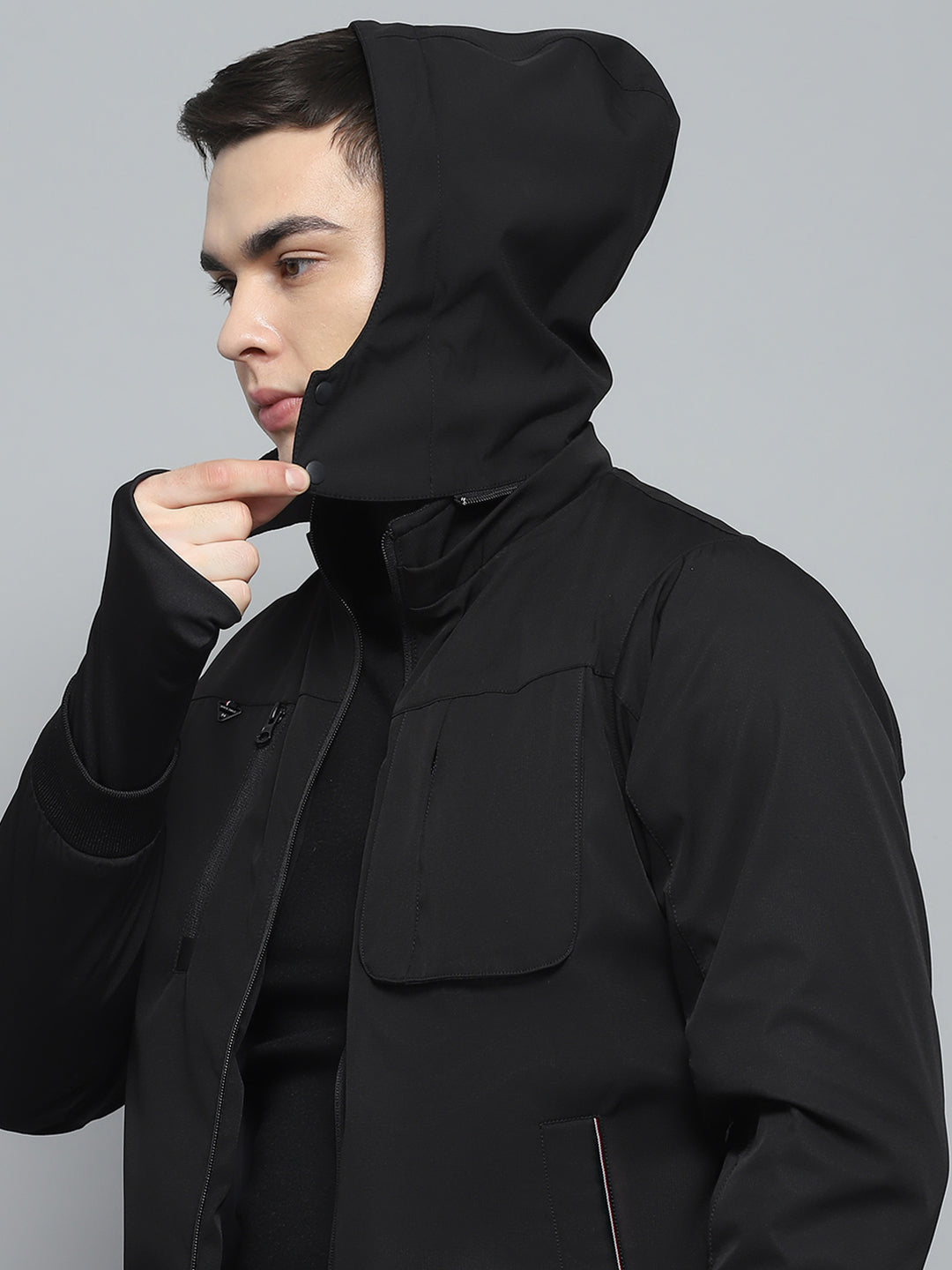 Men Black Solid Detachable Hood Full Sleeve Jacket