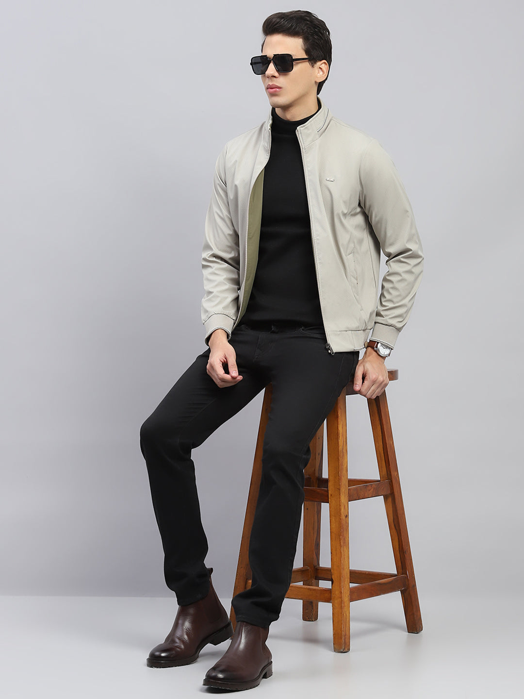 Men Beige Solid Mock Neck Full Sleeve Reversible Jacket