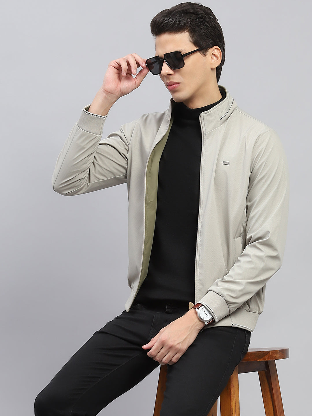 Men Beige Solid Mock Neck Full Sleeve Reversible Jacket