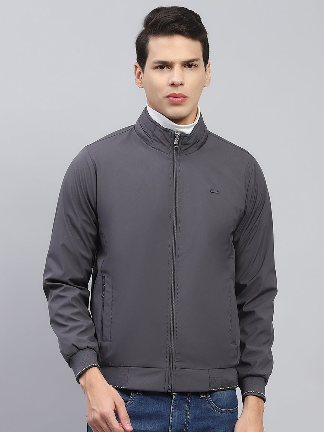 Men Teal Blue & Grey Solid Mock Neck Full Sleeve Reversible Jacket