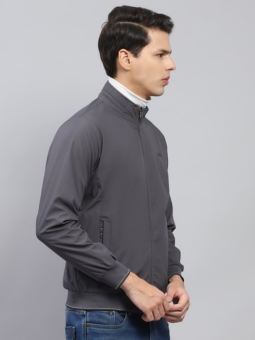 Men Teal Blue & Grey Solid Mock Neck Full Sleeve Reversible Jacket