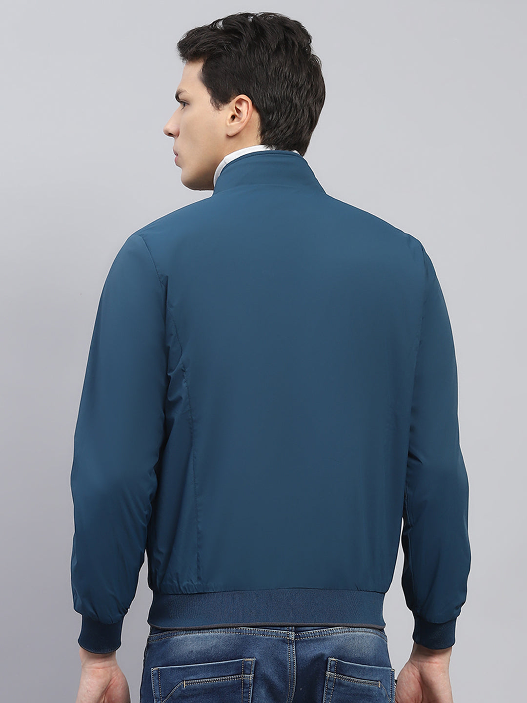 Men Teal Blue & Grey Solid Mock Neck Full Sleeve Reversible Jacket