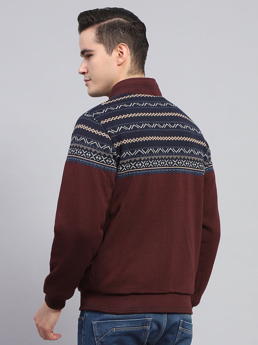 Men Navy Blue Solid Mock Neck Full Sleeve Reversible Jacket