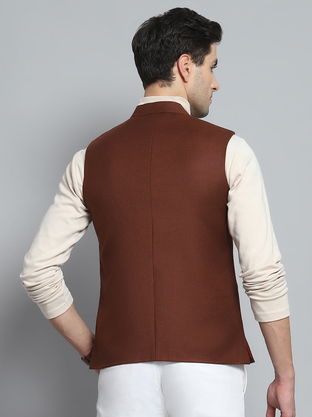 Men Maroon Solid Band Collar Sleeveless Nehru Jacket