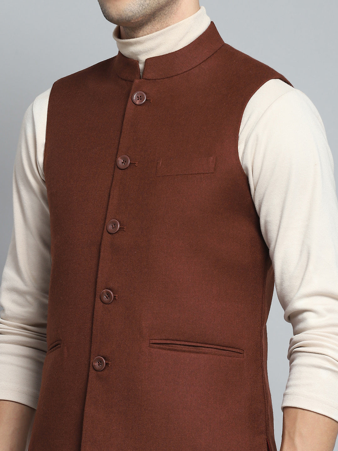 Men Maroon Solid Band Collar Sleeveless Nehru Jacket