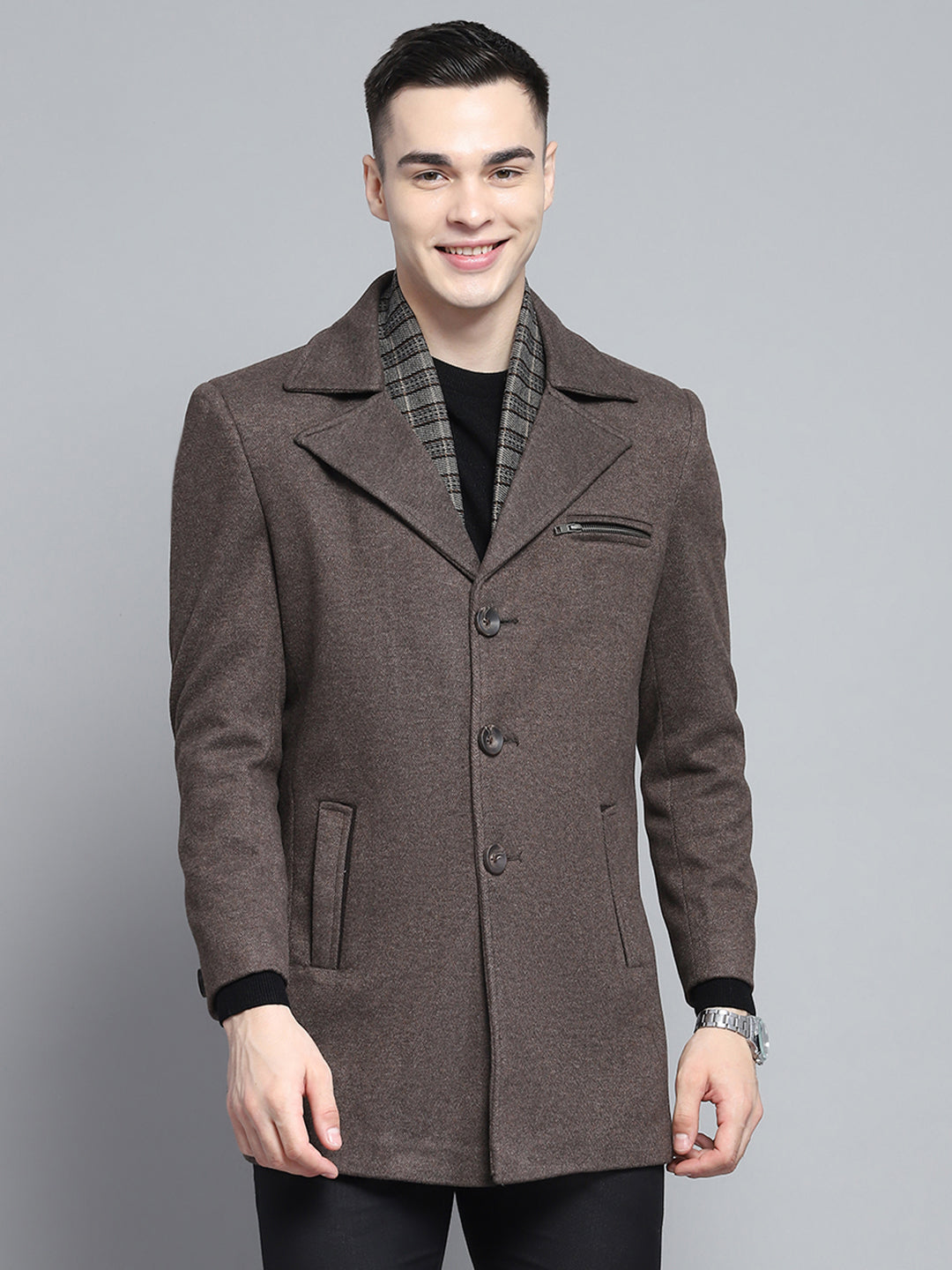 Men Brown Solid Notch Lapel Collar Full Sleeve Coat