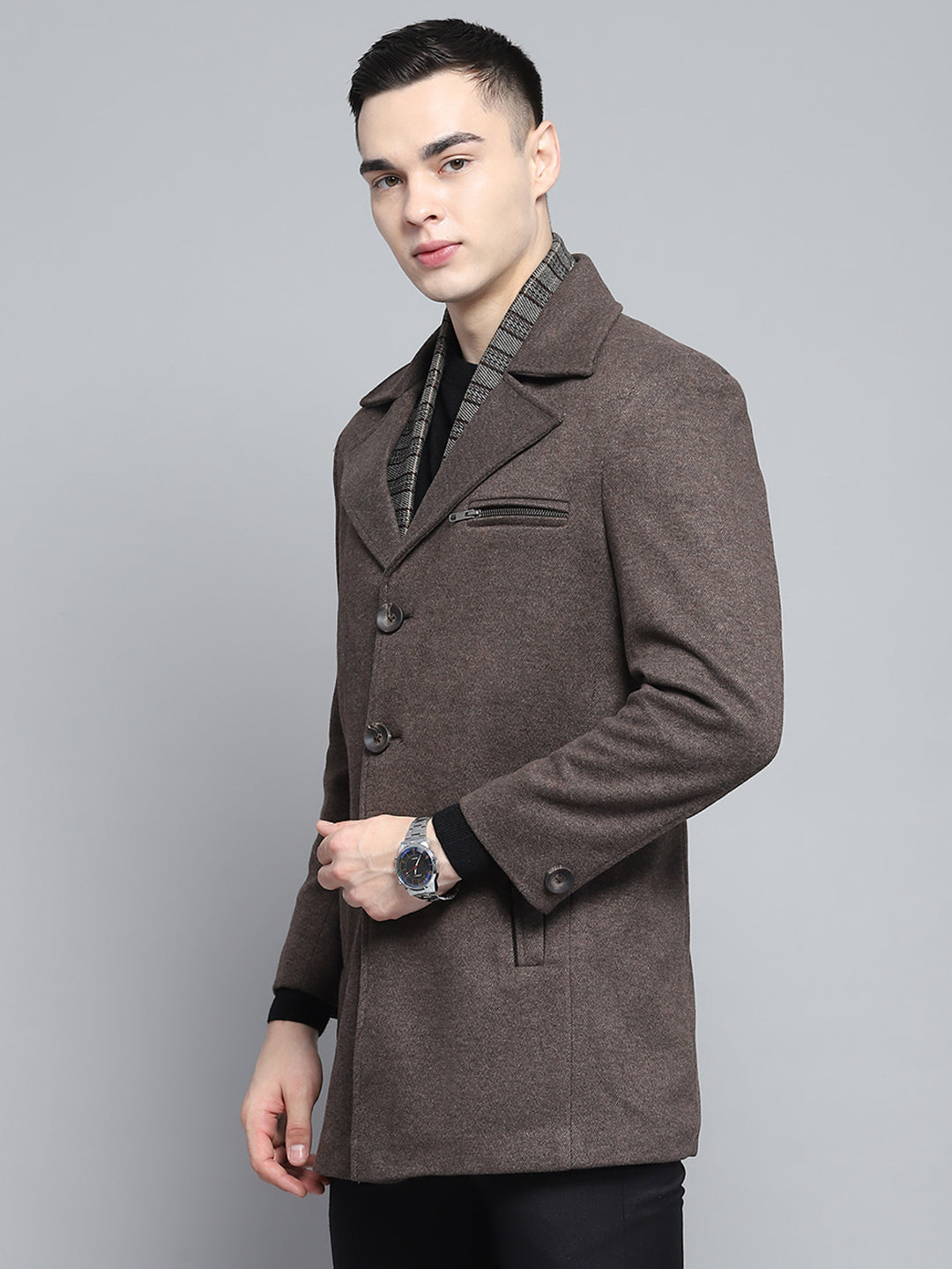 Men Brown Solid Notch Lapel Collar Full Sleeve Coat