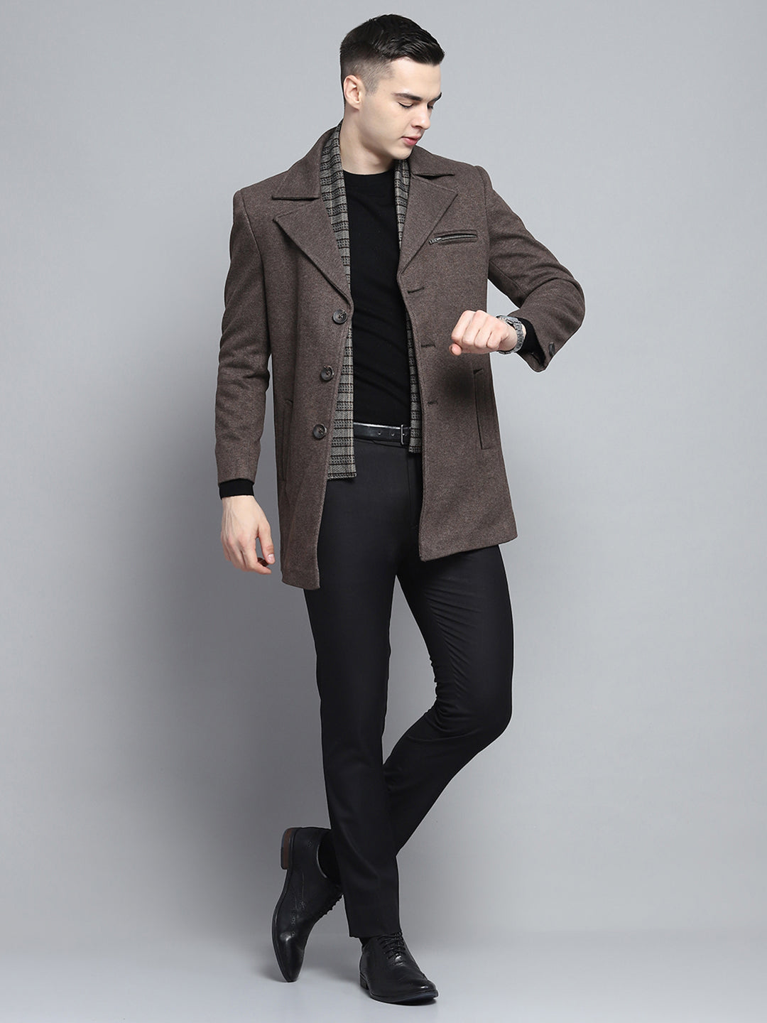 Men Brown Solid Notch Lapel Collar Full Sleeve Coat