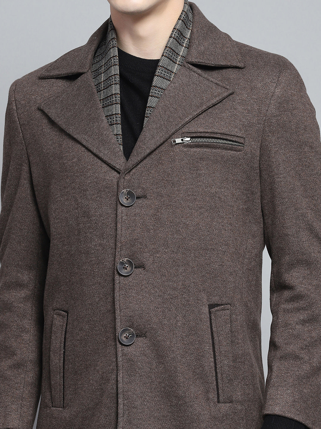 Men Brown Solid Notch Lapel Collar Full Sleeve Coat