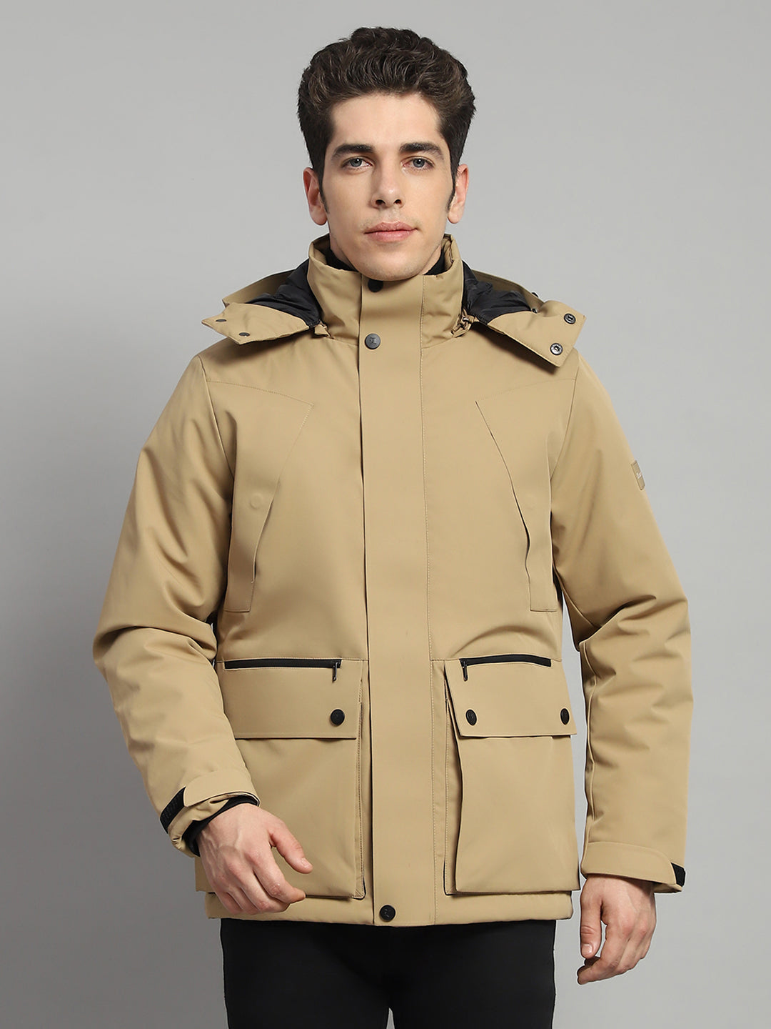 Men Camel Brown Solid Hooded Full Sleeve Jacket