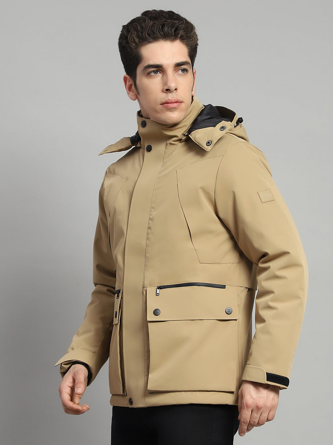 Men Camel Brown Solid Hooded Full Sleeve Jacket