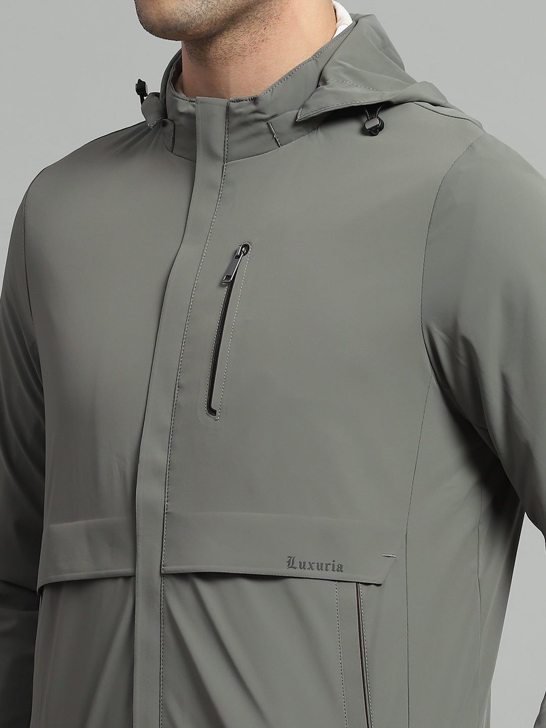 Luxuria Men Olive Solid Detachable Hood Full Sleeve Jacket