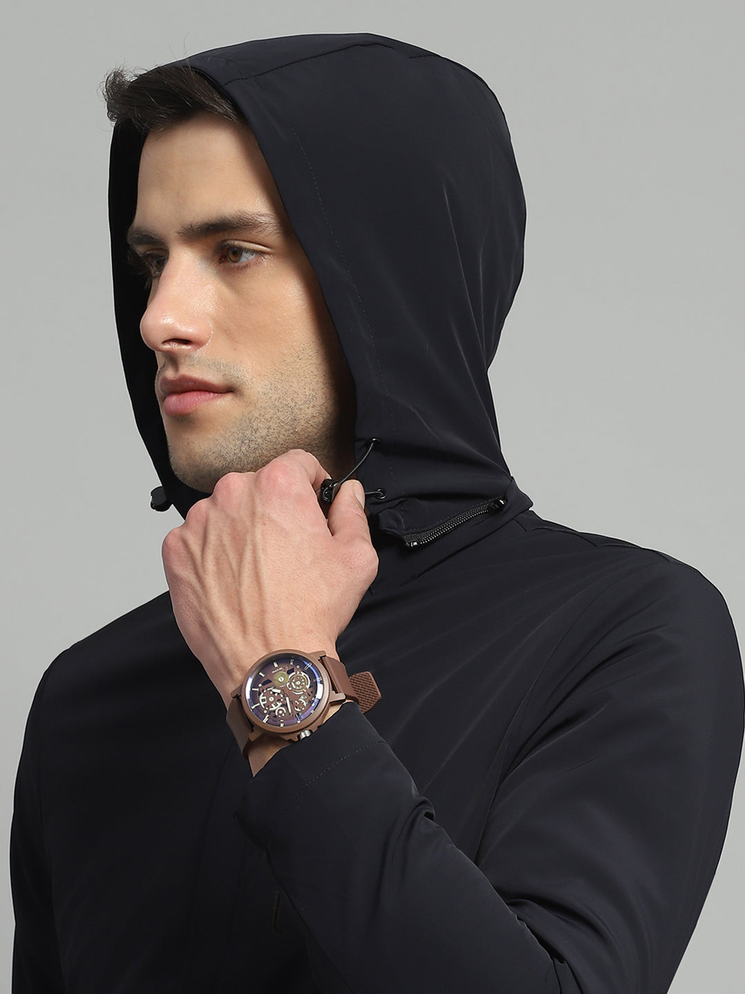 Luxuria Men Navy Blue Solid Detachable Hood Full Sleeve Jacket