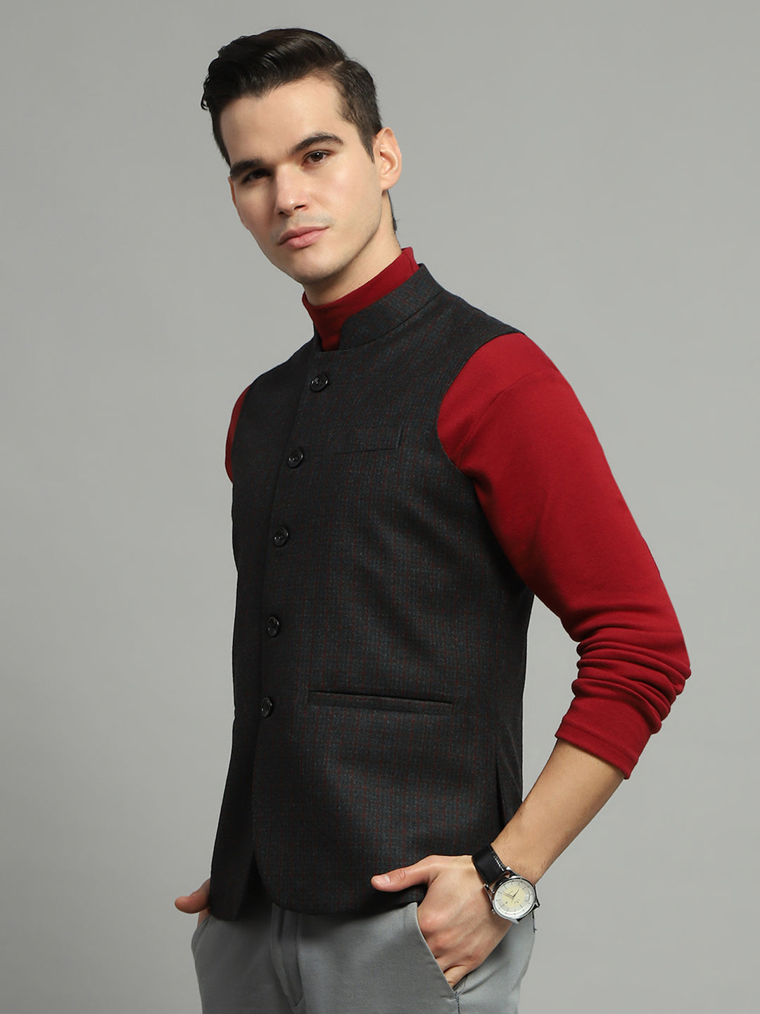 Luxuria Men Charcoal Solid Band Collar Sleeveless Jacket