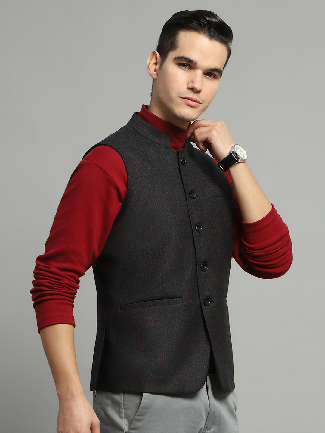 Luxuria Men Charcoal Solid Band Collar Sleeveless Jacket