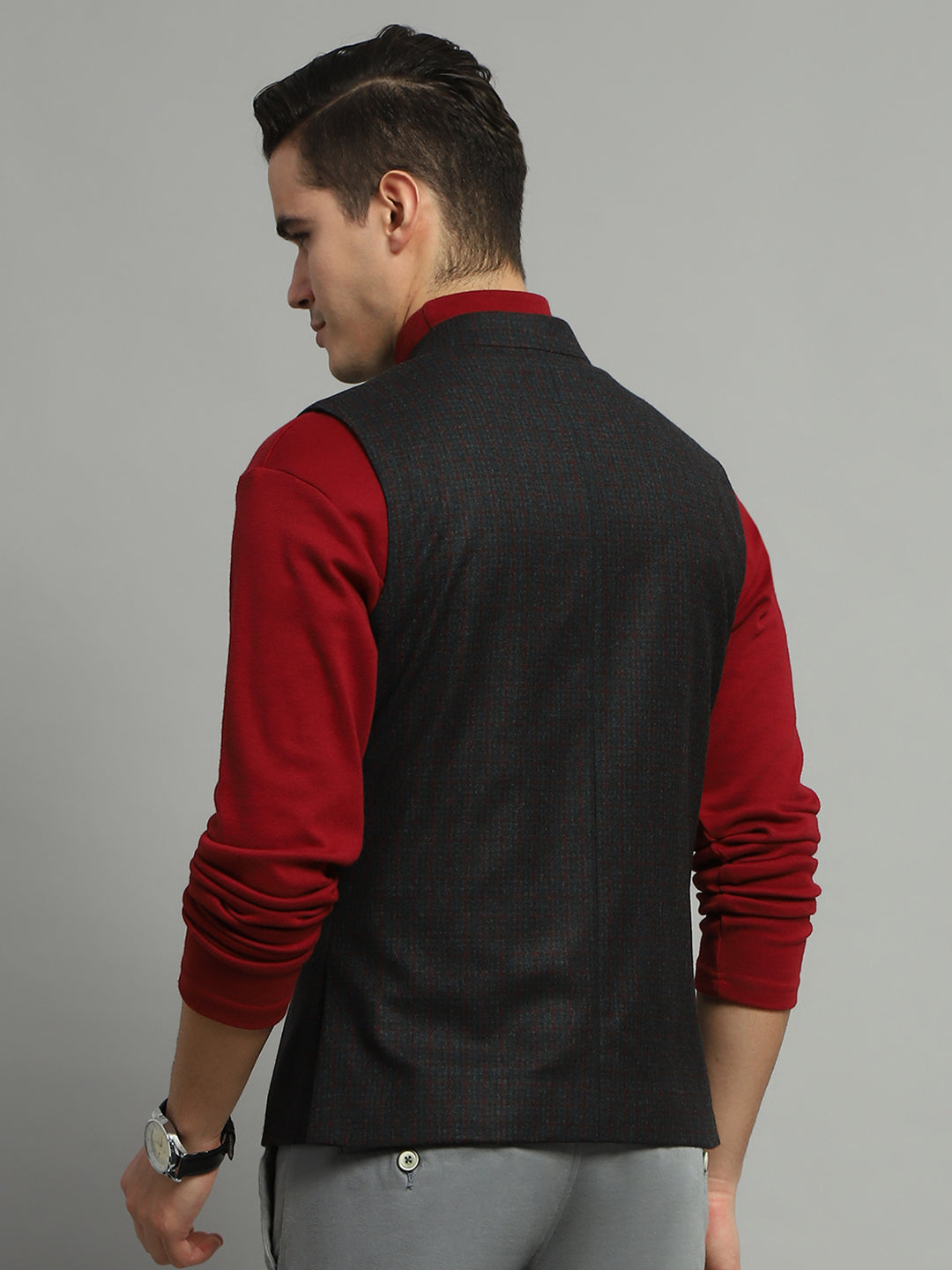 Luxuria Men Charcoal Solid Band Collar Sleeveless Jacket