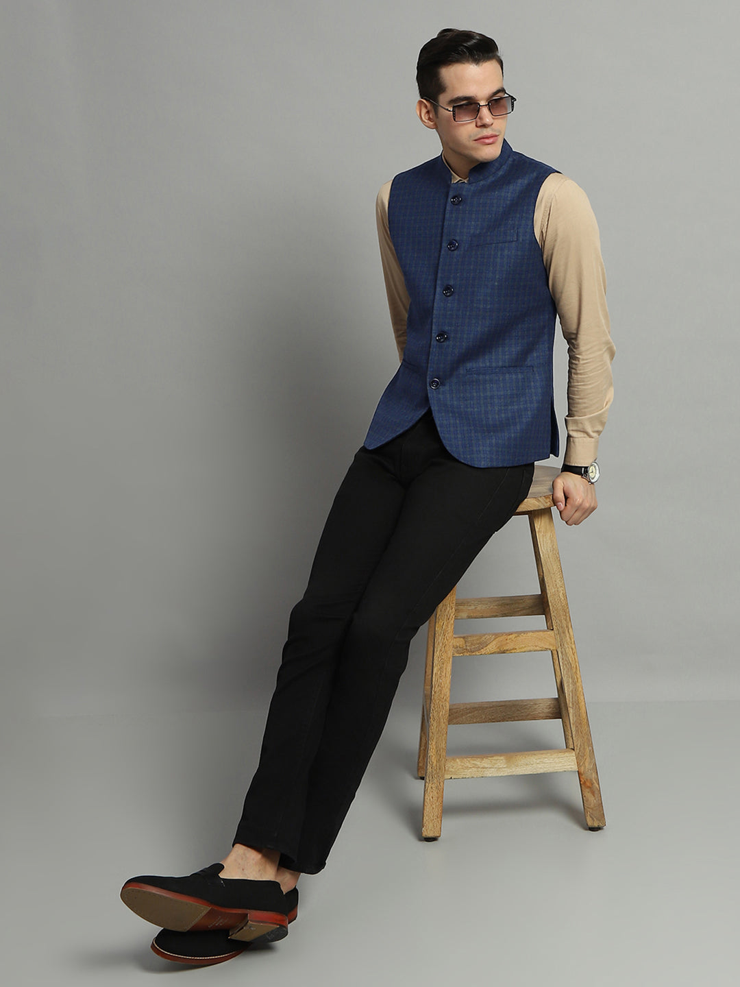 Luxuria Men Blue Solid Band Collar Sleeveless Jacket