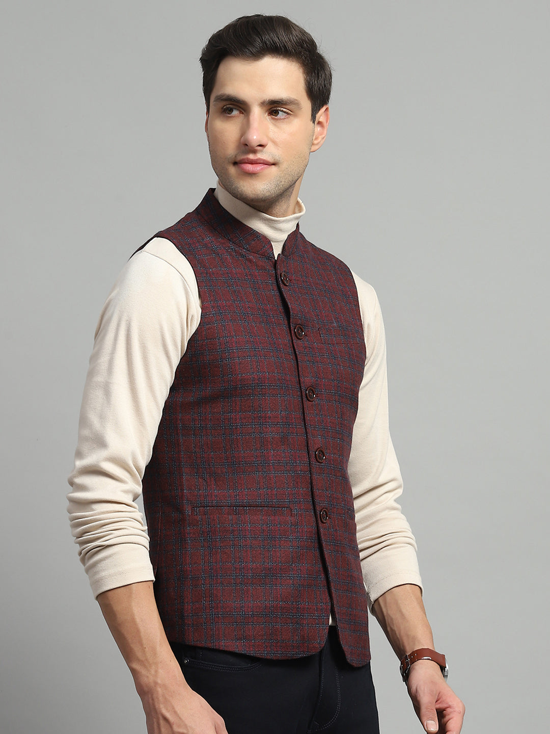Luxuria Men Maroon Solid Band Collar Sleeveless Jacket