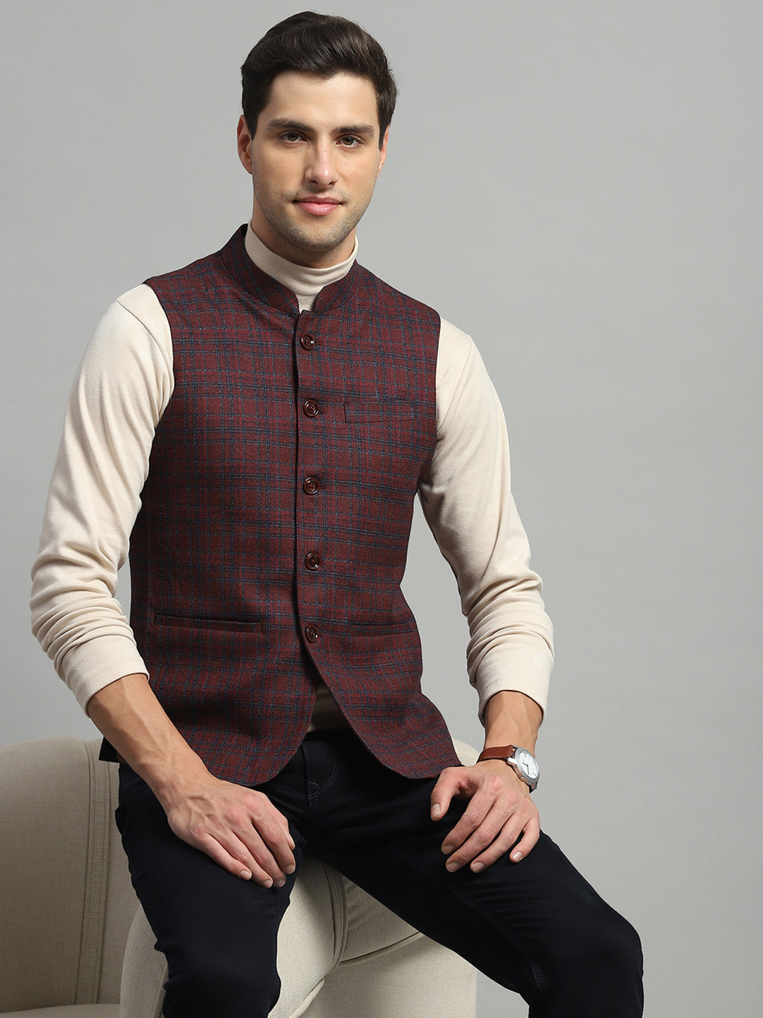 Luxuria Men Maroon Solid Band Collar Sleeveless Jacket