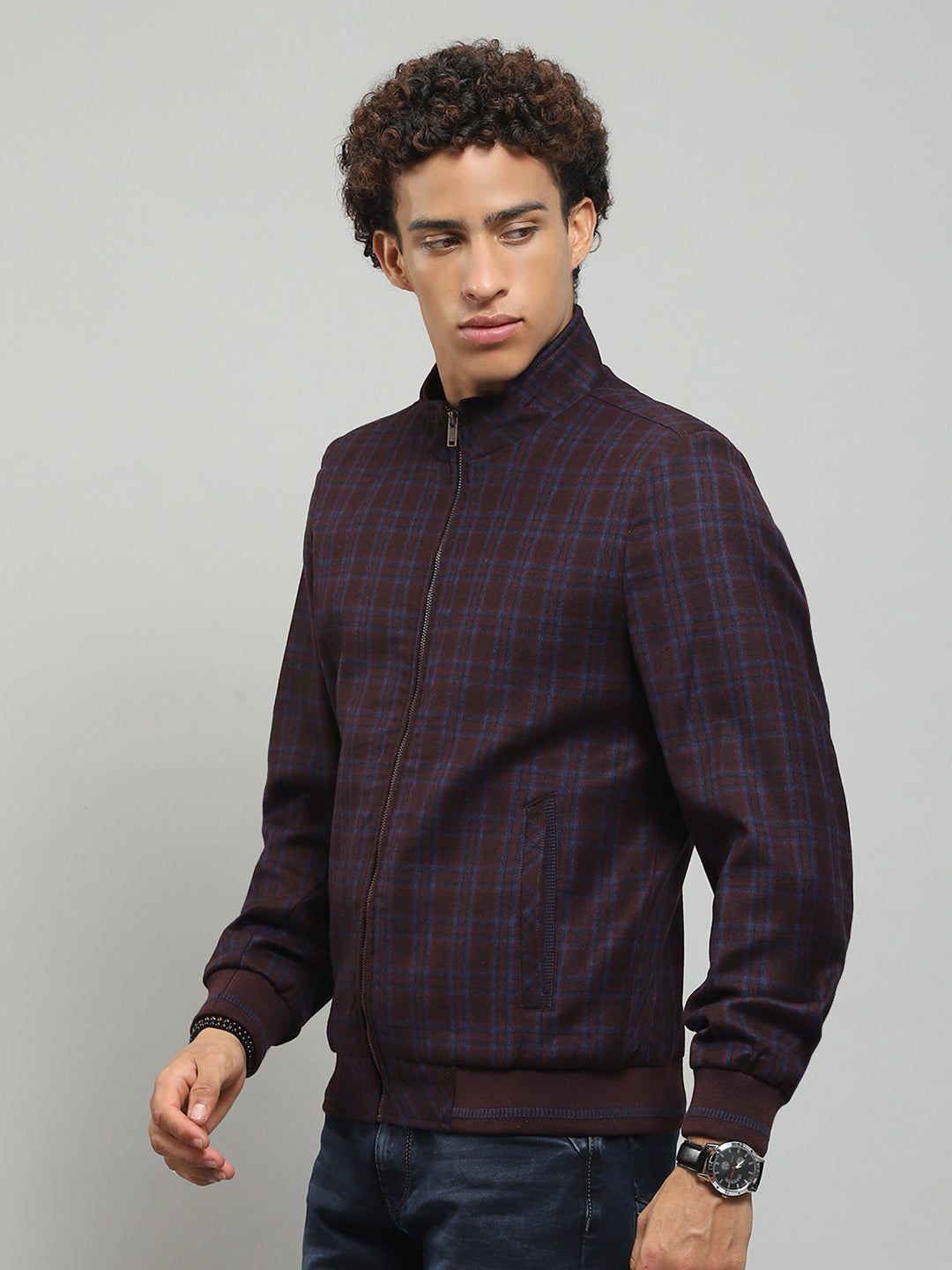 Men Maroon Solid Band Collar Full Sleeve Jacket