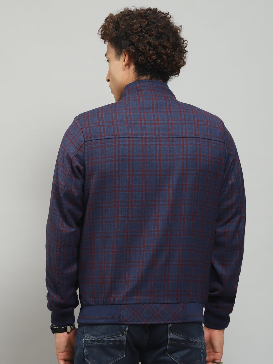 Men Blue Solid Band Collar Full Sleeve Jacket