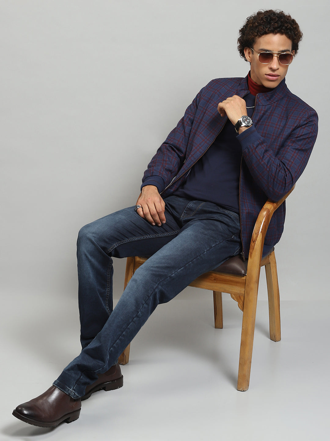 Men Blue Solid Band Collar Full Sleeve Jacket