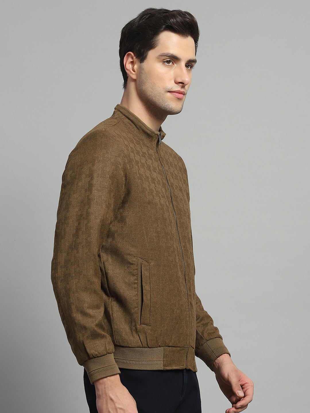 Luxuria Men Mustard Solid Mock Neck Full Sleeve Jacket